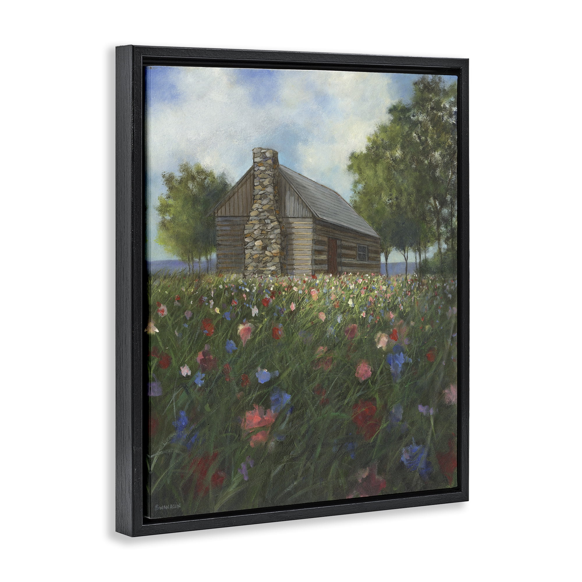 Stupell Industries Log Cabin Meadow Landscape Painting Black Floater Framed Art Print Wall Art, 17 x 21