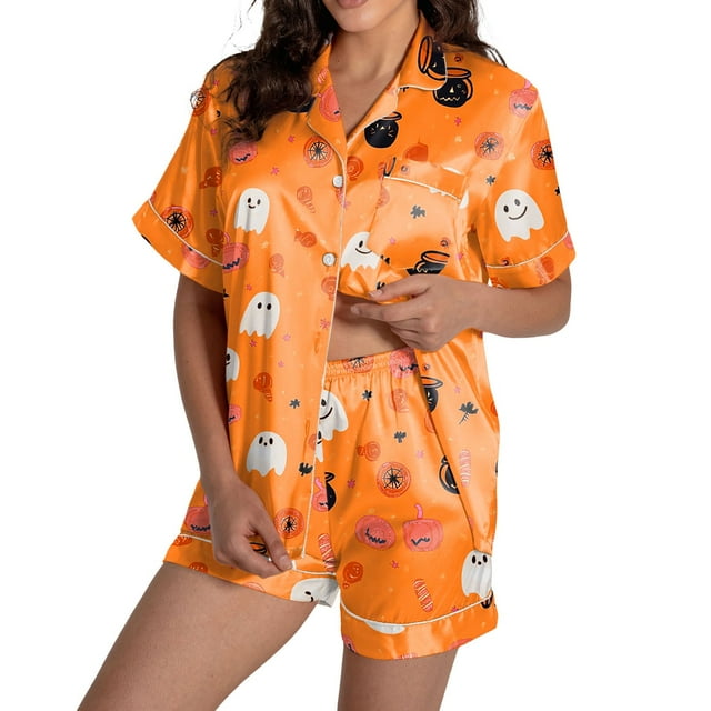 Comfortable Women Pajama Sets for Halloween Stylish Round Neck Design with Decorative Pattern Perfect for Fall and Winter Seasons Versatile for Casual Wear