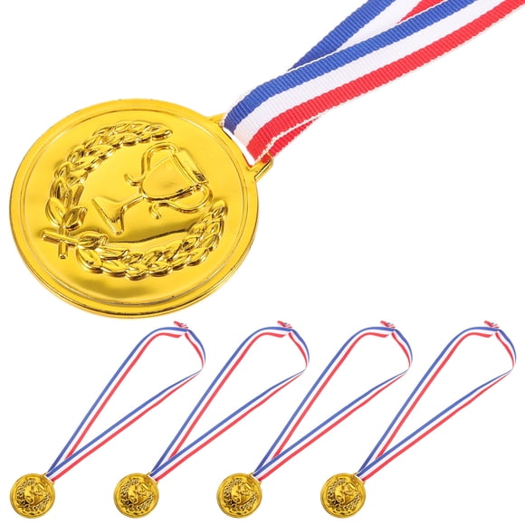 OUNONA 5Pack Golden Medal with Lanyard for Kids Sports Awards Recognition Round Plastic Electroplated Gold 39x6cm