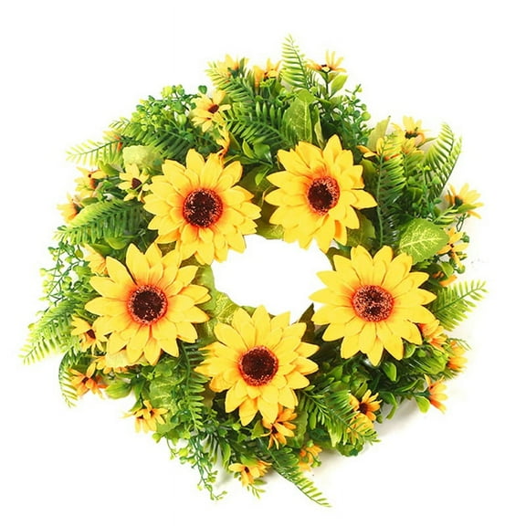 Artificial Sunflower Summer Wreath - Decorative Fake Flower Wreath with Yellow Sunflower and Green Leave for Front Door