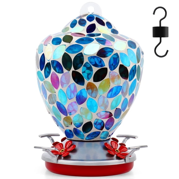 VOREEN Glass Mosaic Hummingbird Feeders, Handmade 34OZ with Ant Moat & 4 Feeding Ports, Glass Outdoor Hanging Bird Feeder, Porch Garden Backyard Decor,  Blue Leaves Design