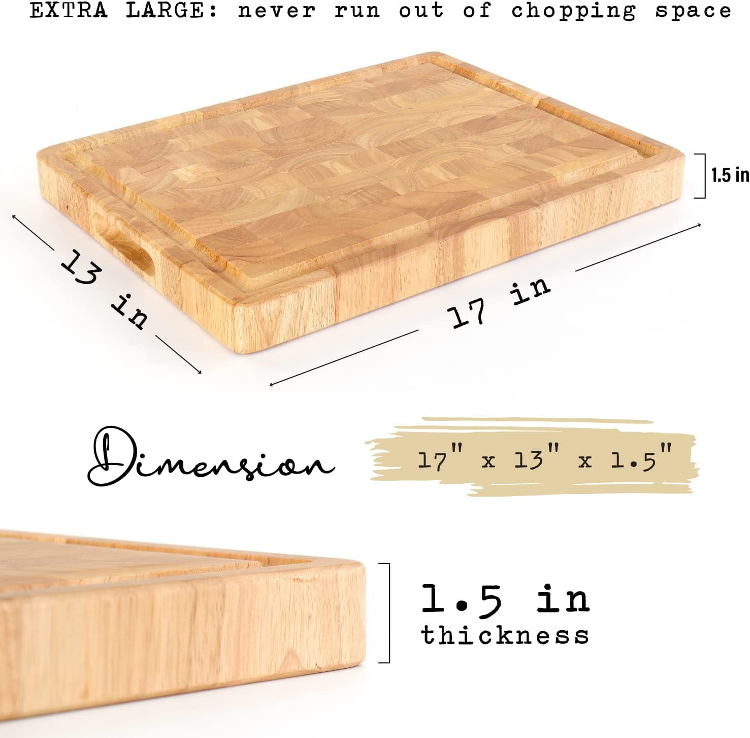 Wooden Butcher Block End Grain Cutting Board - 17x13x1.5in Reversible Multipurpose Chopping Board with Juice Groove, Cracker Holder & Inner Handles