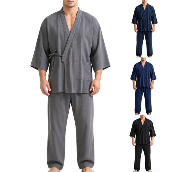 YUANxueke Mens Cotton Kimono Pajama Sets 3/4 Sleeve Tie Front Shirt & Pants 2-Piece Sleepwear Outfits