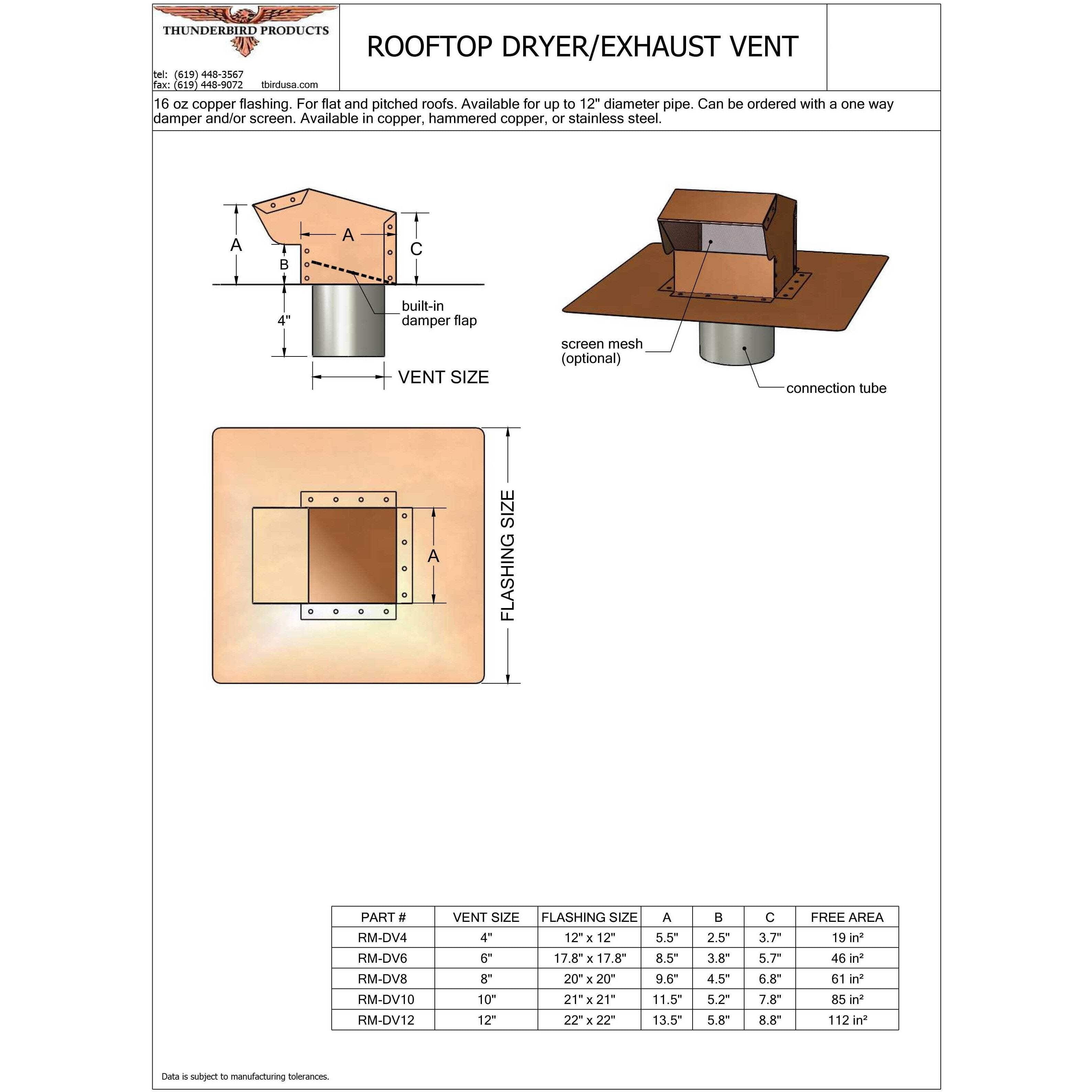 Copper Rooftop Dryer Vent - Exhaust Vent (4" - 12") Duct Size: 6", Flapper - Screen: Flapper & Screen
