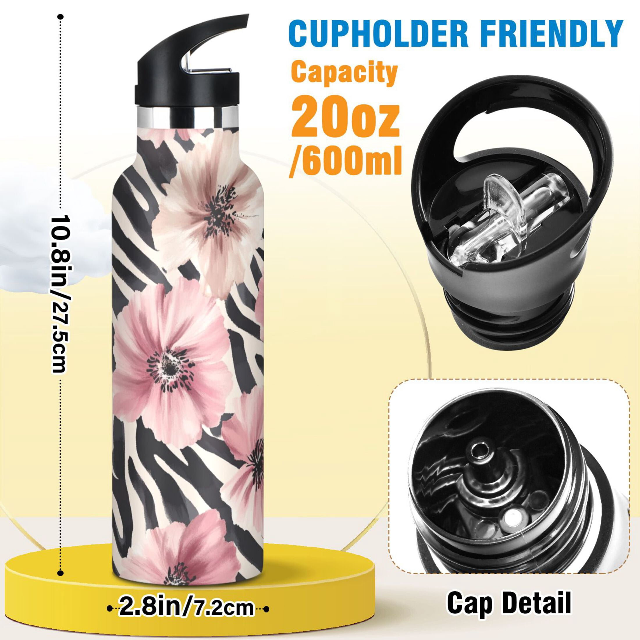 Kids Insulated Stainless Steel Sports Water Bottle 600ml (20oz) Watercolor Flowers