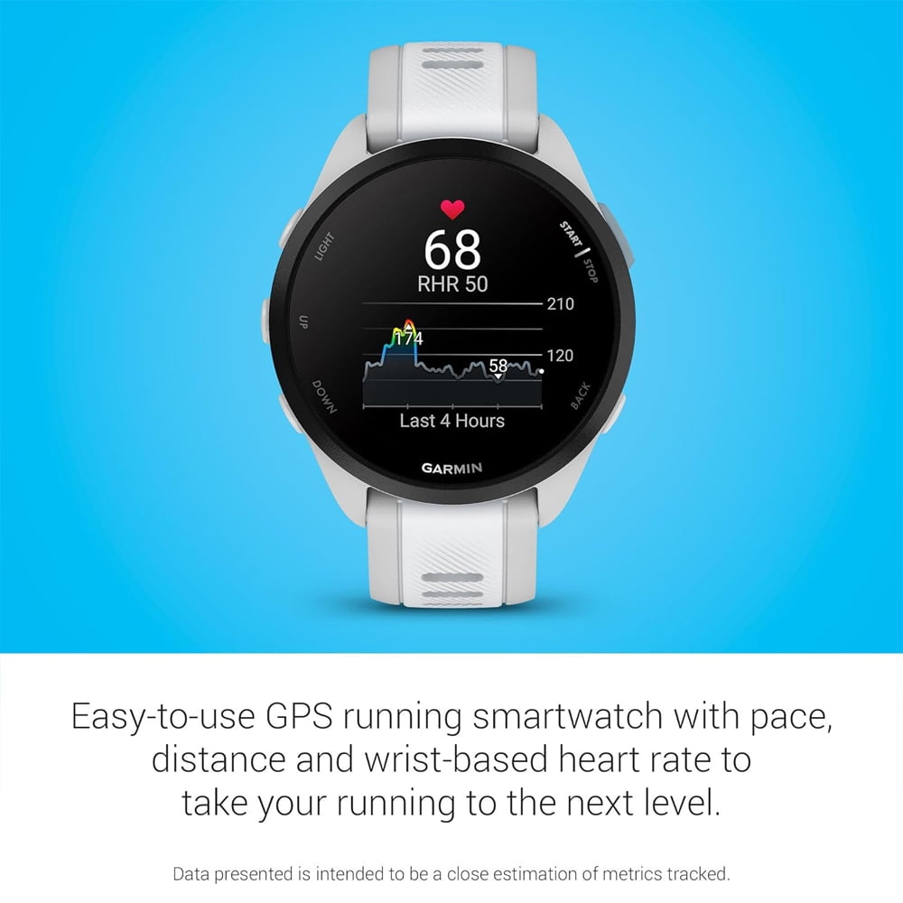Garmin 010-02863-21 Forerunner 165 Smart Sport Watch, Mist Gray + Whitestone | Official USA Partner Model | Bundle with Sport Towel + Deco Essentials Wearable Commuter Front and Rear Safety Light