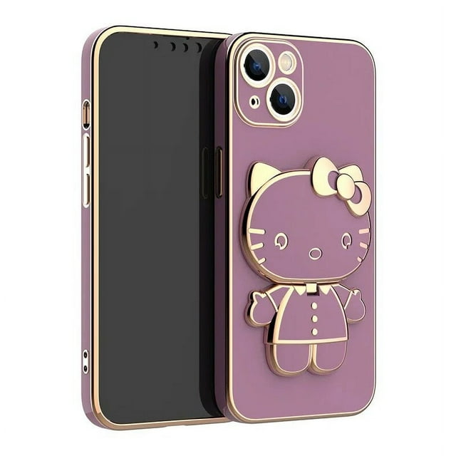 Plating Hello Kitty Phone Case for iPhone 15 14 13 12 11 Pro Max Mini XR XS X 8 7 6 6S Plus SE 2020 Mirror Holder Stand Cover RJ
