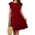 thumbnail image 1 of Women ‘s Summer Ruffle Sleeve  Neck Mini Dress Solid Color Casual Loose Flowy Swing A Line Pleated Beach Sundress, 1 of 7
