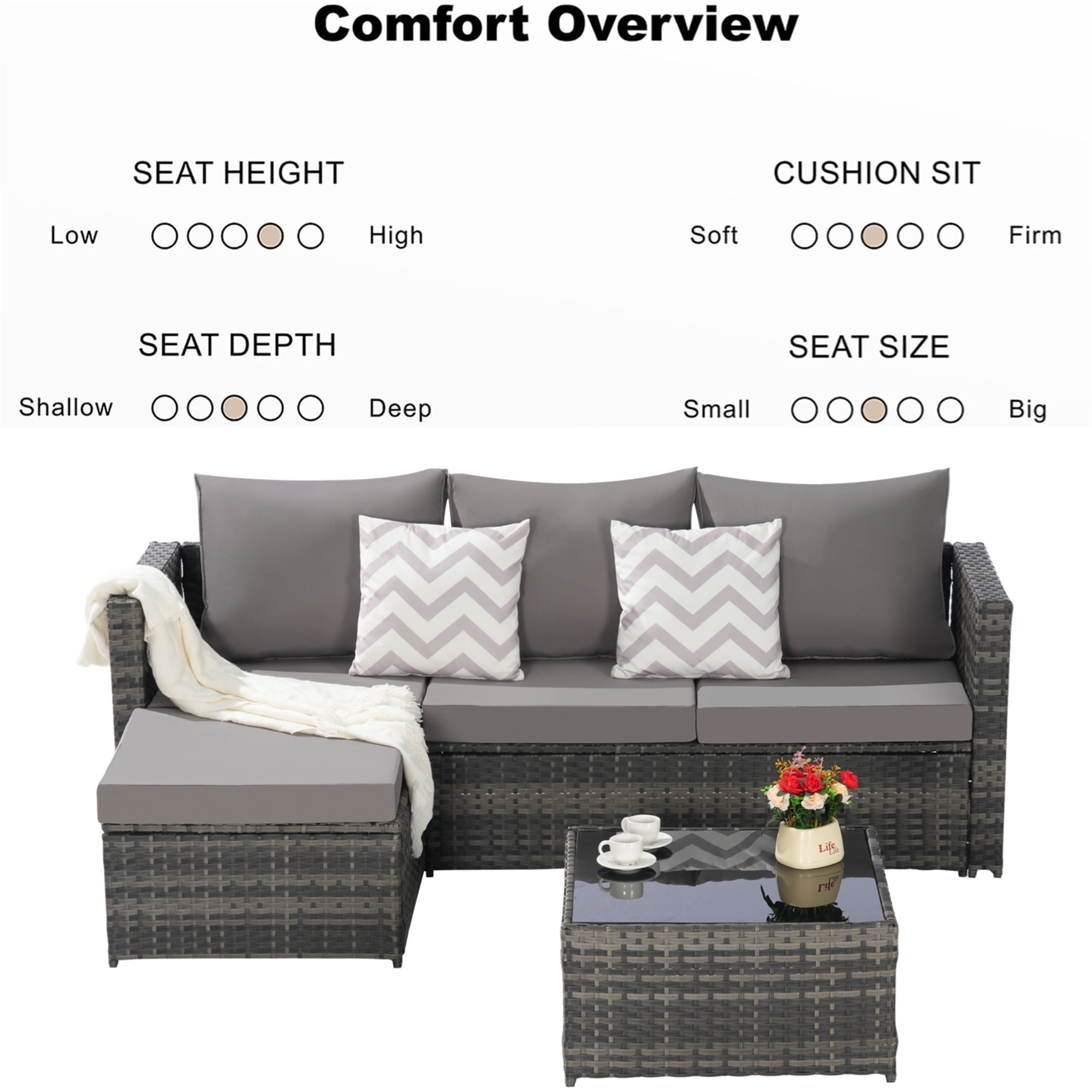 Aukfa Outdoor Patio Furniture Set - L shape Wicker Sectional Sofa with Coffee Table - Gray Cushions