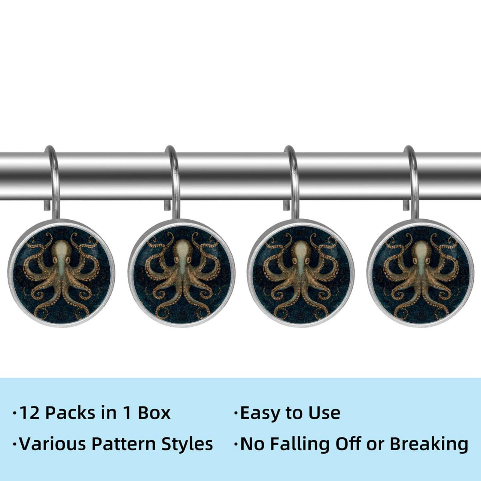 12pcs Decorative Shower Curtain Hooks, Rust Resistant Shower Rings for Bathroom Living Room,Rustproof Stainless Steel Rings for Shower Curtain and Liner Rods,Octopus Gold