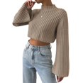 thumbnail image 5 of Wutalume Women's Solid Color Casual Bell Sleeve Knitted Short Sweater, Versatile Flared Sleeve Top, Lightweight Pullover for Transitional Seasons,Camel L, 5 of 8