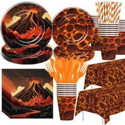 Volcano and hot lava theme party tableware set for 24, perfect for a dinosaur or dragon birthday party.