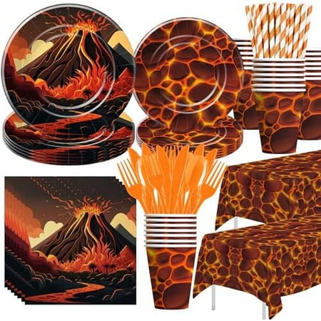 Volcano and hot lava theme party tableware set for 24, perfect for a dinosaur or dragon birthday party.