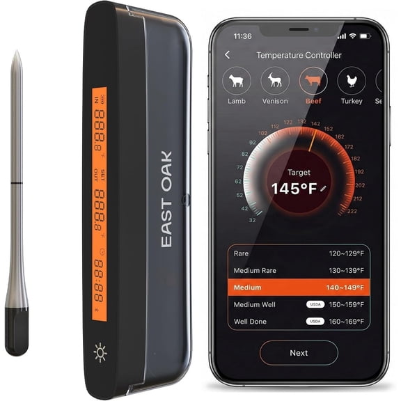 Wireless Meat Thermometer for grills, smokers, ovens air fryers stainless steel sensors black 5-sensor precision, extreme heat resistance, smart app remote monitoring
