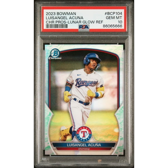 Graded 2023 Topps Bowman Luisangel Acuna #BCP104 Chrome Prospects Lunar Glow Refractor Rookie RC Baseball Card PSA 10 Gem Mint