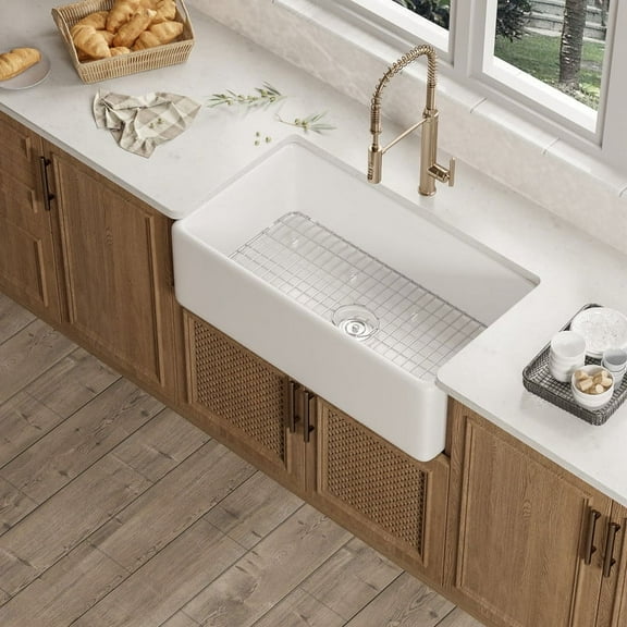 DeerValley DV-1K510 30 Inch White Fireclay Farmhouse Kitchen Sink, Fireclay Sink for kitchen with Sink Grid and Basket Strainer
