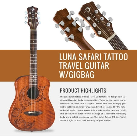 Luna Safari Series Tattoo Travel-Size Dreadnought Acoustic Guitar with  Guitar Strap, Massaging Strap Attachment and Deluxe Accessory Bundle |  Walmart Canada