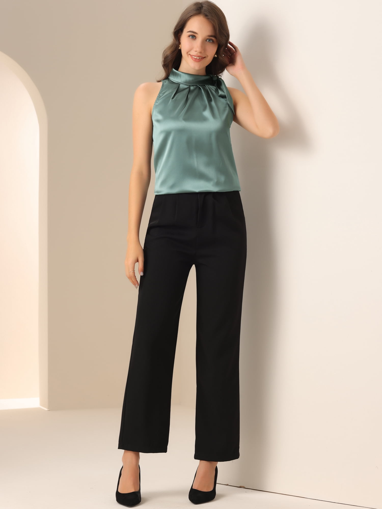 DARING DIVA Bow Tie Neck Solid Work Blouse Top L Pea Green