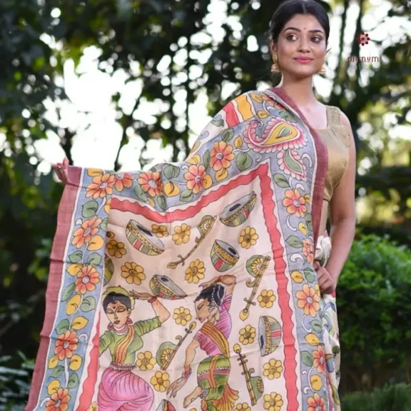 White Pink Pure Silk Hand Painted Kalamkari Saree