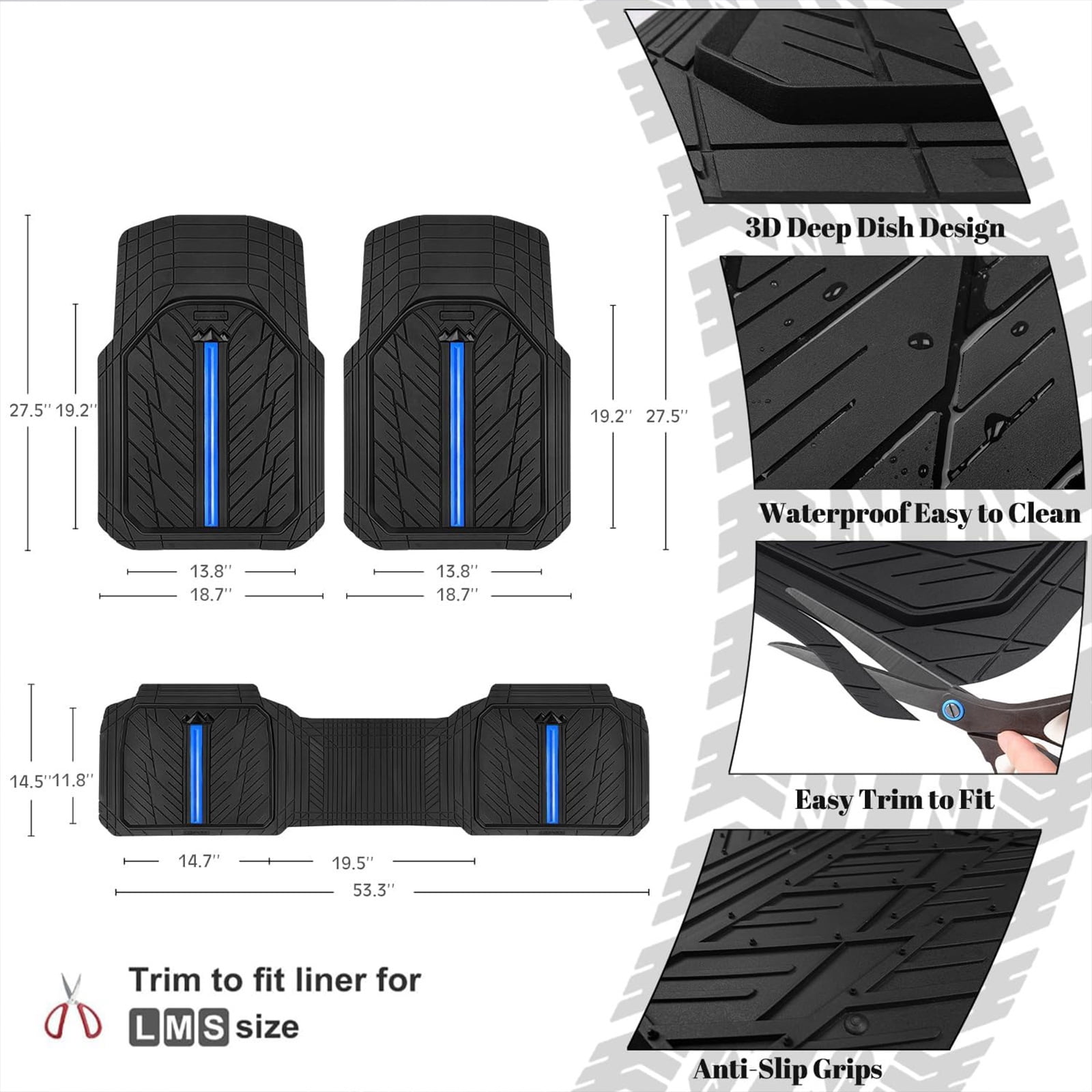 CAR GRAND Heavy Duty Rubber Car Floor Mats, Deep Dish Waterproof Car Mats All Weather, Universal Trim-to Fit Automotive Floor Mats for Car SUV Truck Van, Durable Floor Liners Black Blue