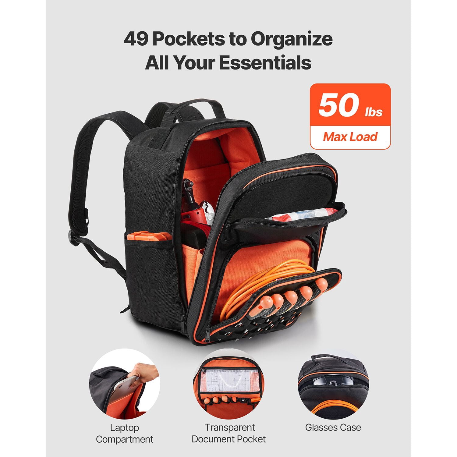 Tool Backpack 49 Pockets 600D Oxford Fabric 50 lbs Capacity with Laptop Compartment for Electrician Repairman