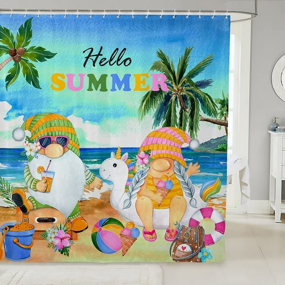 Summer Beach Kids Shower Curtains,Cute Gnomes Hawaii Romantic Bathroom Curtains,Girls Boys Adults Home Decor,Tropical Coconut Trees Ocean Colorful Waterproof Curtains,12 Hooks Suits,72"W x 72"L