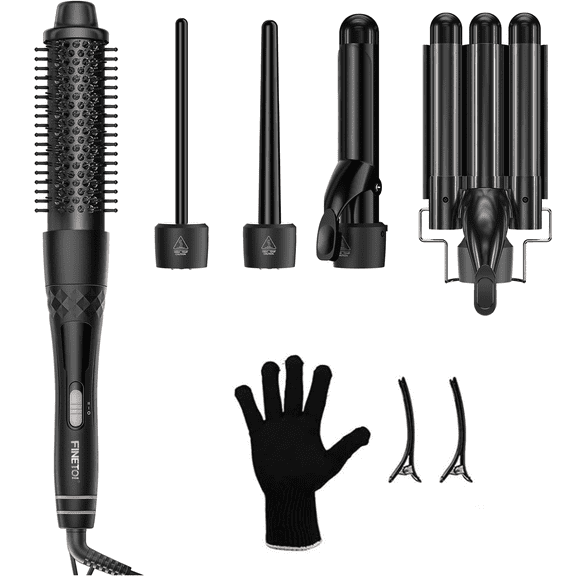 FINETOL 5-in-1 Interchangeable Curling Iron Wand Set with 3 Barrels & Curling Thermal Brush | Ceramic Coated for Long-Lasting Curls, Waves Hair Curler (0.35-1.25 inch)