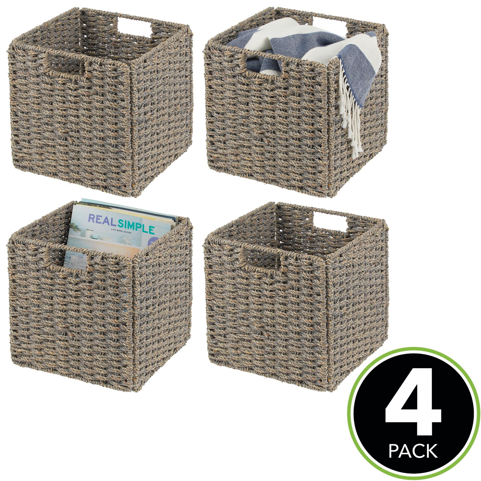 mDesign Seagrass Woven Cube Bin Basket Organizer, Handles, 4 Pack - Gray Wash