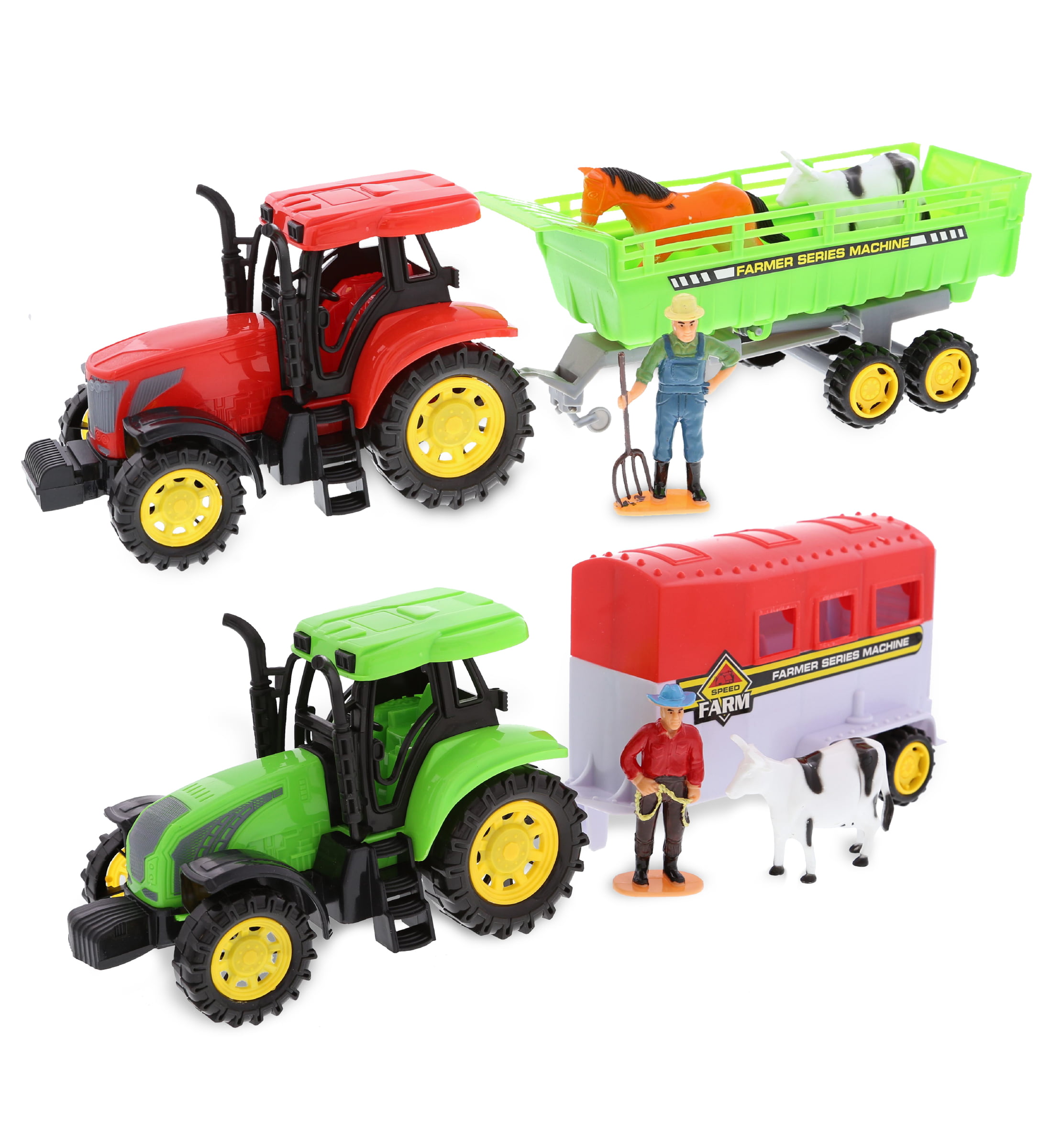 4 ASST DIECAST METAL TOY FARM TRACTORS WITH TRAILERS friction powered play new 