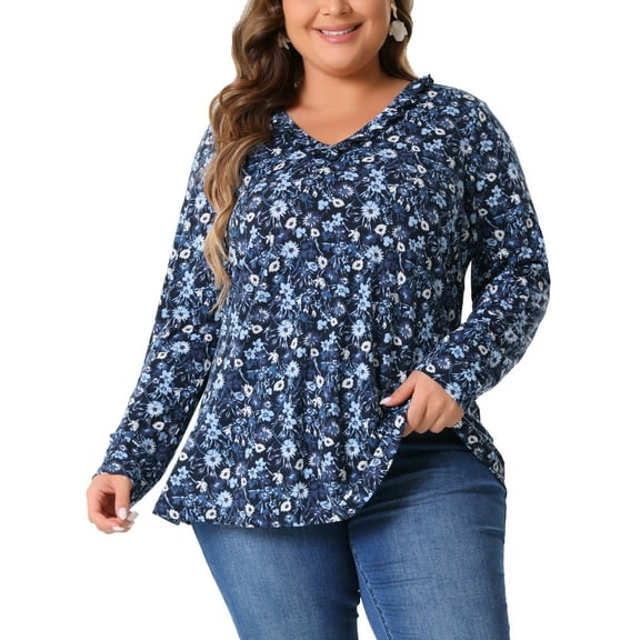 DARING DIVA Women's Plus Size Floral V Neck Long Sleeve Ruffle Tunic Blouses 1X Navy Blue