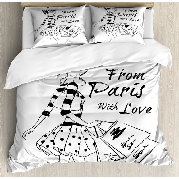 Paris Duvet Cover Set Queen Size, From Paris with Love Fashion Hand Drawn Girl Figure Shopping Polka Dot Design Skirt, Decorative 3 Piece Bedding Set with 2 Pillow Shams, Black White, by Ambesonne