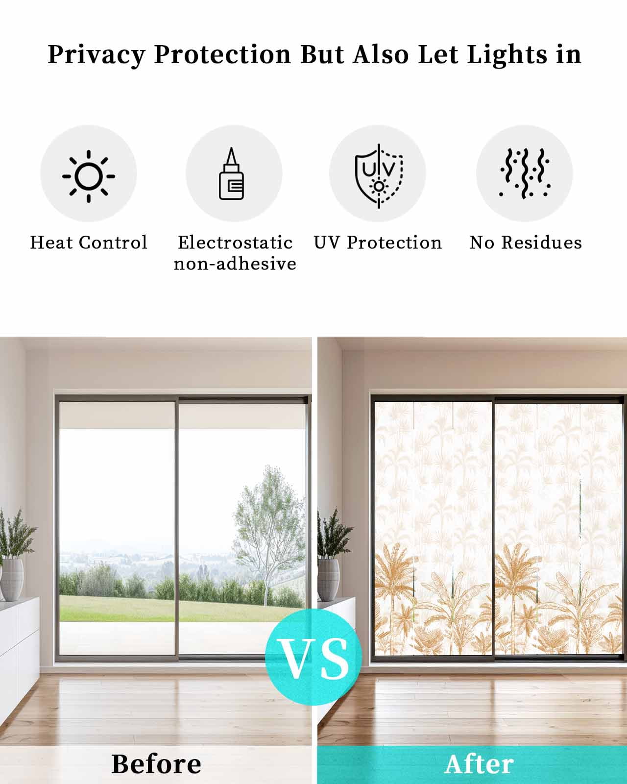 Window Privacy Film, Orange Tropical Palm Tree UV Sun Blocking Window Tint Film Heat Control One Way Blackout Window Film, Summer Botanical Monstera Plants Non Adhesive Static Cling 35.4x78.7 In