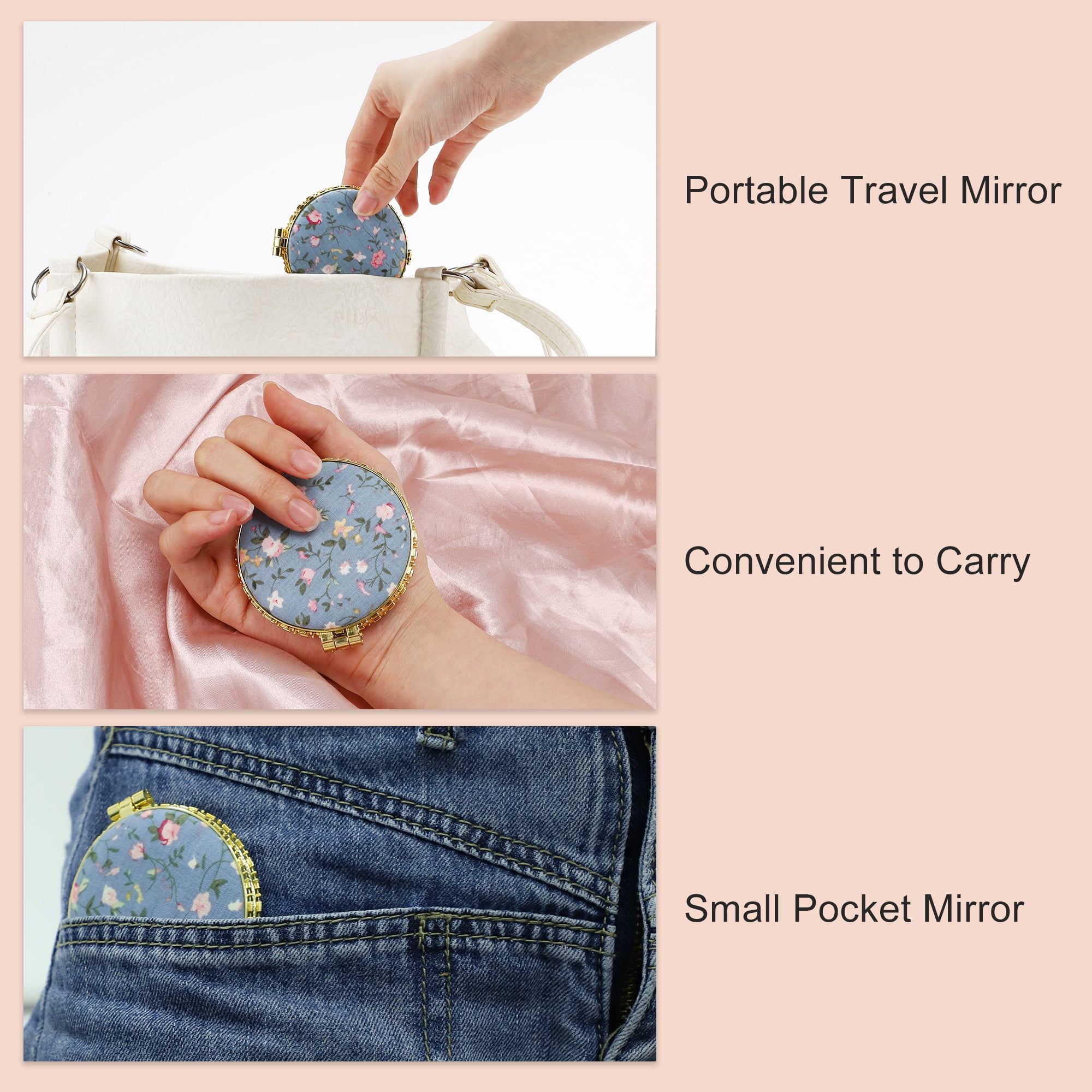 Unique Bargains Round Mini Floral Mirror for Women Purses Pocket Blue