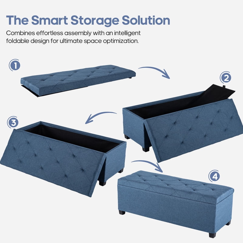 Gianna 43 Inch Storage Ottoman Bench, Tufted Upholstered End of Bed Chest, Foot Rest with Legs, Ample Capacity for Living Room, Entryway, Blue
