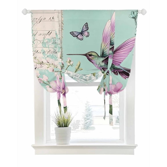 Teal Purple Bird Floral Tie Up Curtains for Window, Thermal Insulated Balloon Shade Adjustable Rod Pocket Curtains Valance Panels for Kitchen Bathroom Cafe 46 x 63 Vintage Watercolor Botanical