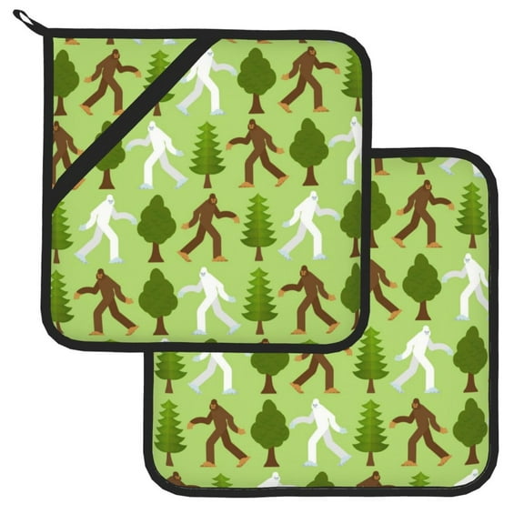 Kitchen Pot Holders Heat Resistant Oven Hot Pads With Hand Pockets And Hanging Loops For Baking Cooking 2 Pack 8'' X 8'' Yeti Forest Pattern Bigfoot Trees