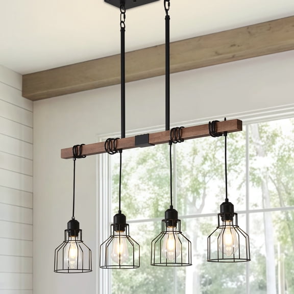 4-Light Farmhouse Linear Pendant Light, Rustic Wood Kitchen Island Lighting with Cage Shades