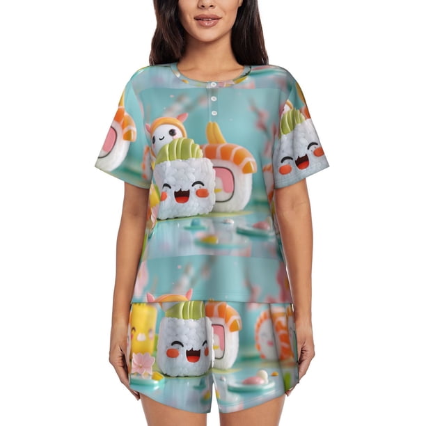 Balery Kawaii Sushi Characters Delight Conjunto de Pijama para Mujer con Estampado, Dos Piezas de Manga Corta y Shorts, Ropa de Dormir Suave con Cuello Redondo y Bolsillos-XX-Large