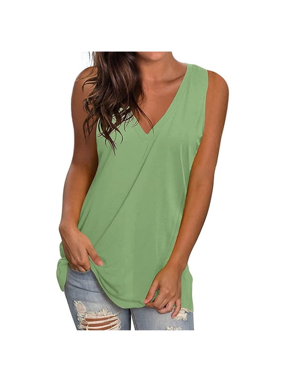 Womens Tank Tops Summer V Neck T Shirts Solid Color Sleeveless Tops Side Split Tanks