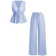 thumbnail image 2 of Ynynloco Girl's 2 Piece Summer Outfits Bow Striped Ruffle Peplum Tank Top Matching Wide Leg Pants Cute Clothing Sets 9-16 Years, 2 of 8
