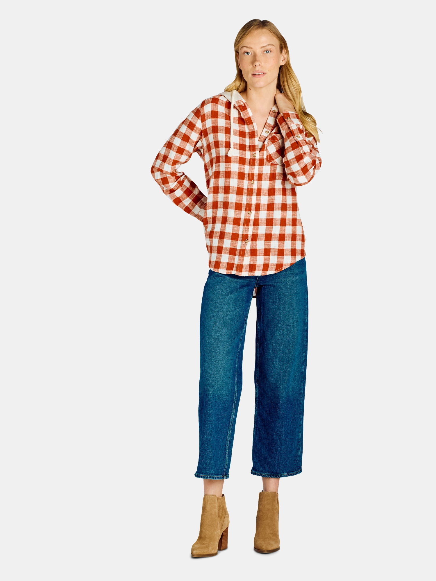 Time and Tru Women's Hooded Flannel Button Down Shirt with Long Sleeves, Sizes XS-XXXL