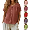 thumbnail image 2 of Oversized Tshirts for Women Linen Cotton Blend Button Down Shirt Casual Short Sleeve Neck Blouse Loose Fit Red Summer Tops for Women, 2 of 9