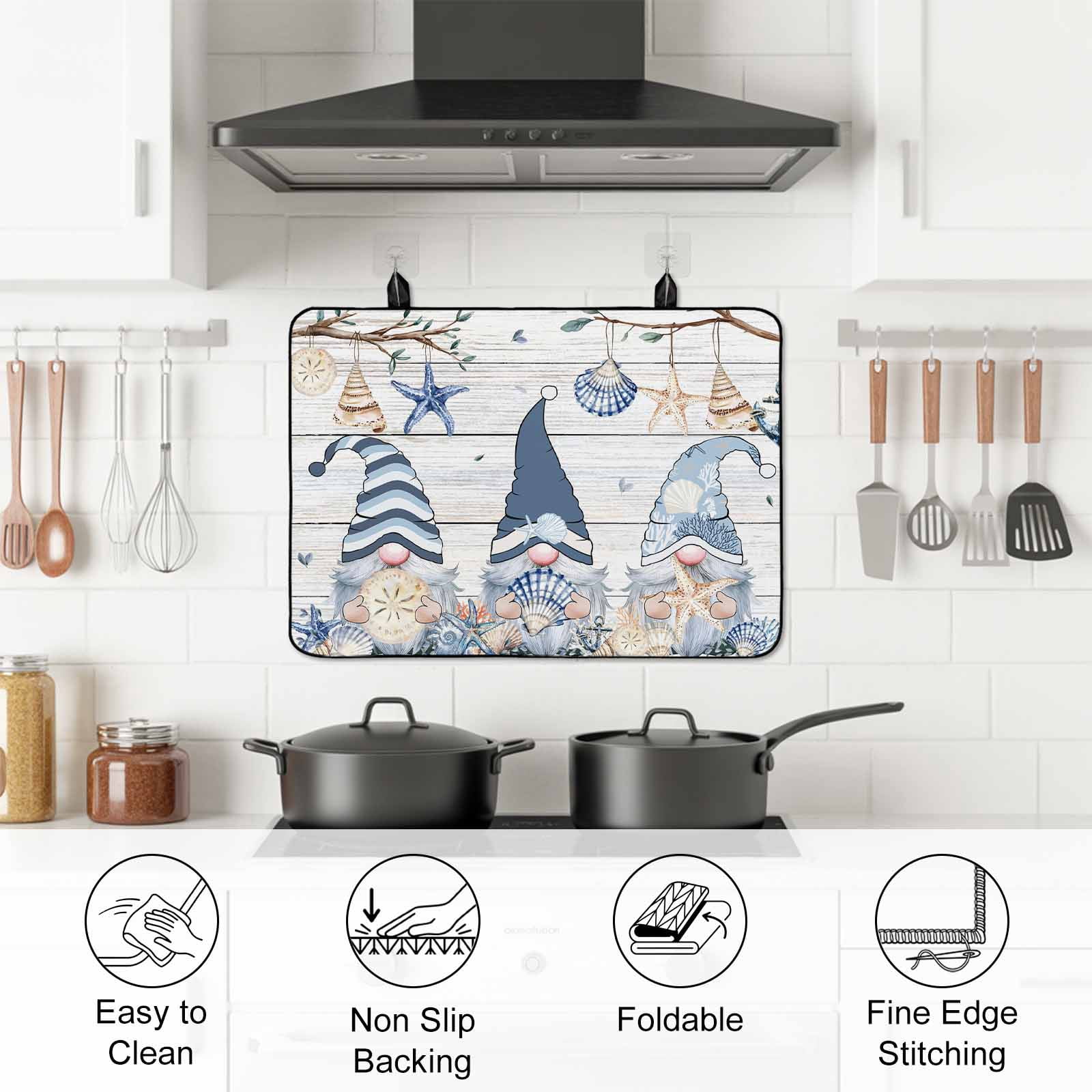 Coastal Eucalyptus Stove Top Cover for Electric Stove, Heat-proof & Non Slip Glass Top Stove Cover Protector, Ocean Blue Gnomes Starfish Leaf Wood Grain Kitchen Flat Cooktop Rubber Mat 24x21 Inches