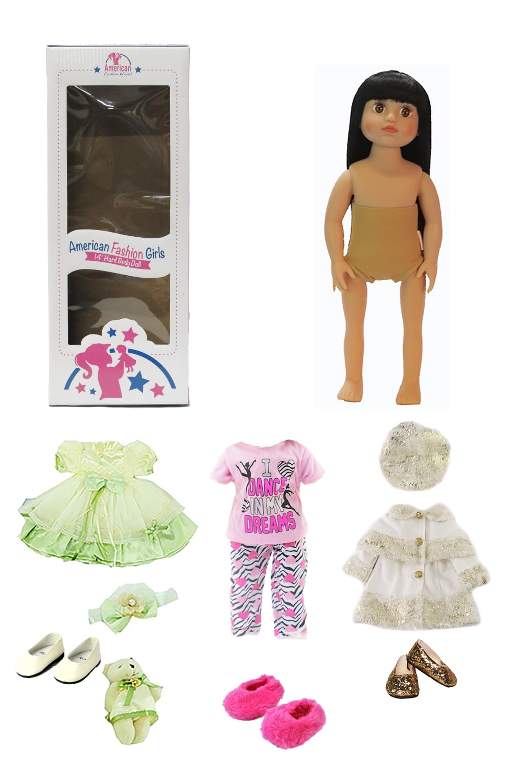 18in Doll Pearl Black Hair Brown Eyes Three Outfits and Box Included | American Fashion World