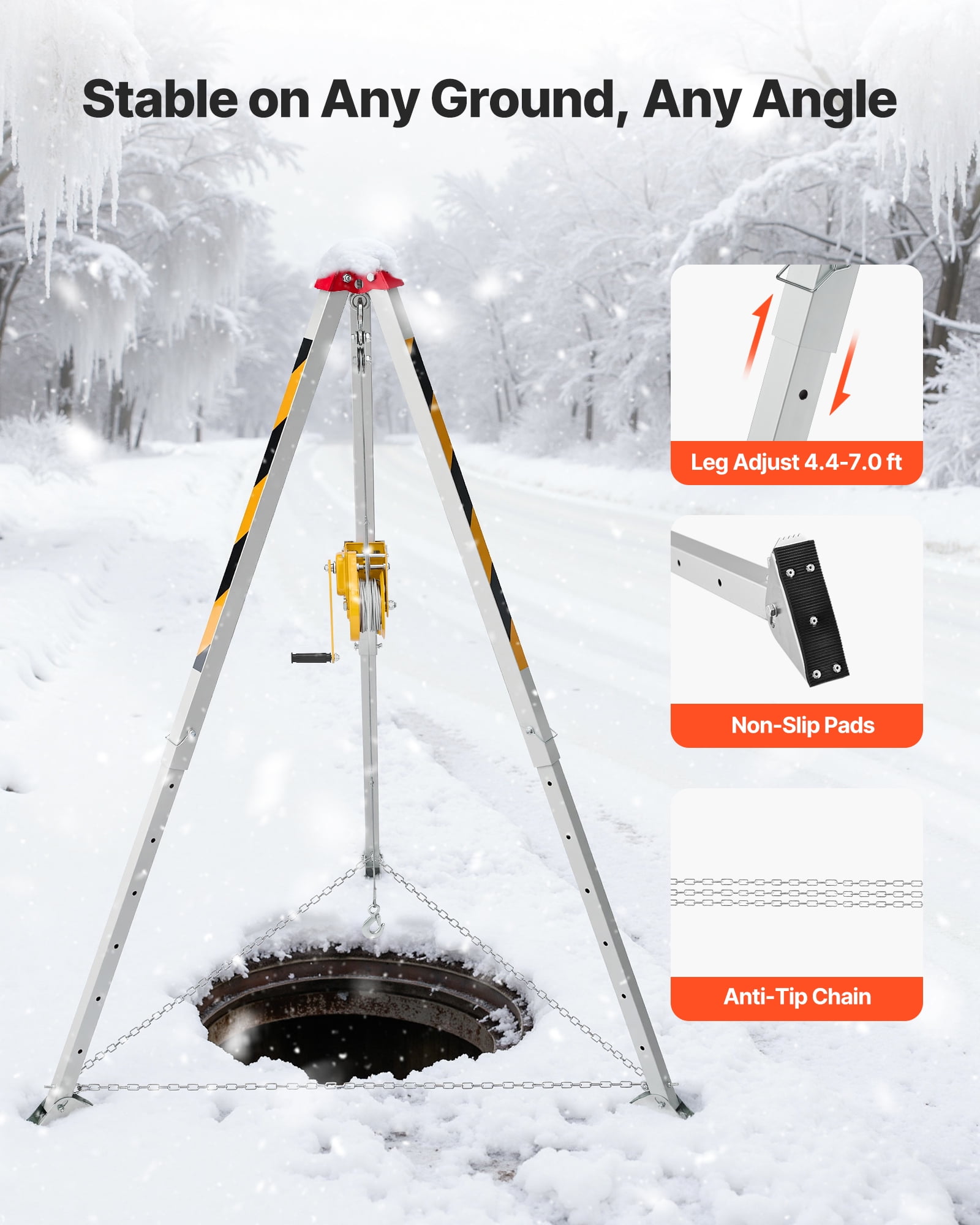 VEVOR Confined Space Tripod Kit, Heavy Duty Rescue Tripod Lifting Hoist 1800 lbs Winch, 4.1 ft Adjustable Legs, 65 ft Cable Portable Kit, 32.8 ft Fall Protection, 4.40-7.05 ft Working Height