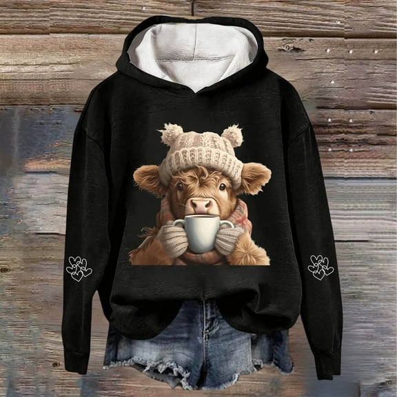 Christmas Sweatshirts for Women 2025 Cow Print Tops Festive Western Graphic Pullover for Cozy Hoody Holiday Style Christmas Hoodie Black L