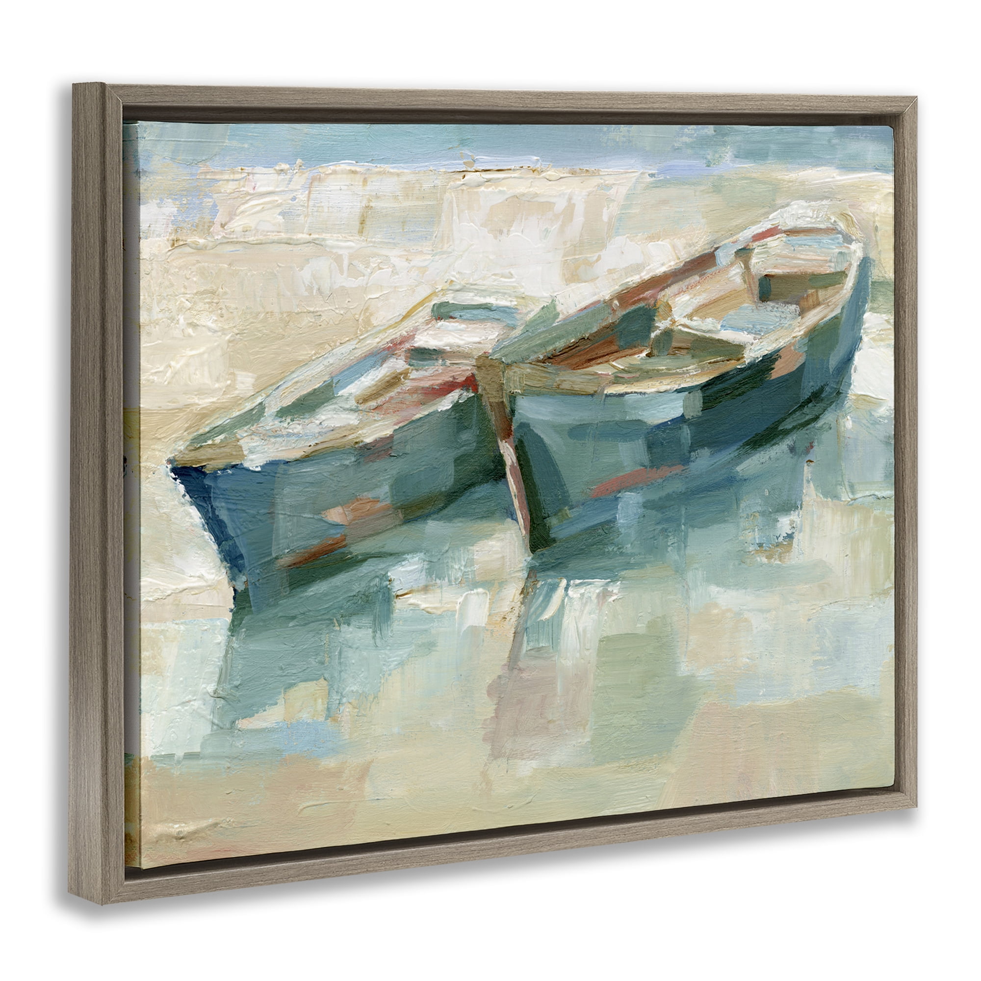 Stupell Industries Boat Duo on Shore Transportation Painting Brown Floater Framed Canvas Art Print Wall Art, 21 x 17