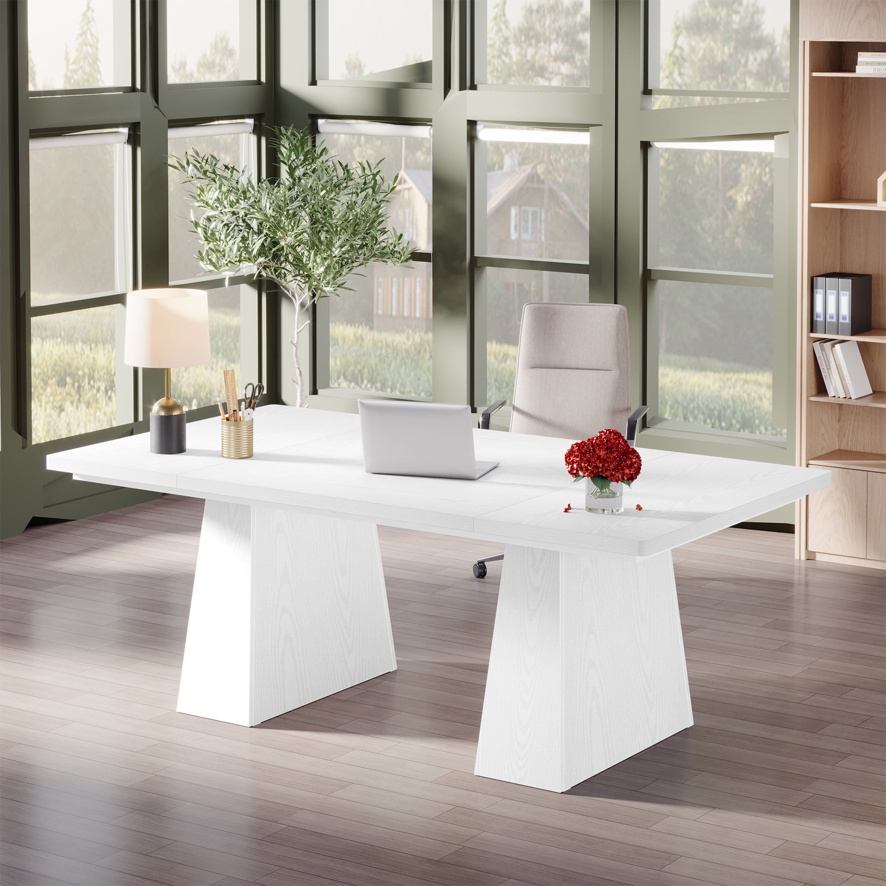 Tribesigns 63" Executive Desk, Modern Office Computer Desk with Double Pedestal, Large Simple Workstations Writing Table Conference Table, White