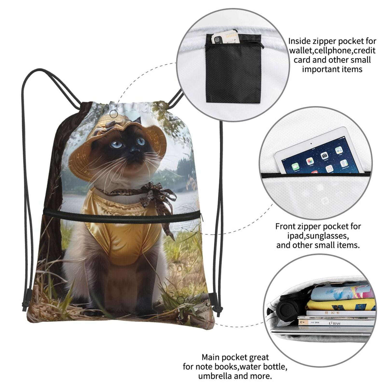 Xecao Cat In Sun Hat for Drawstring Bags,Pull String Backpack Bags,String Bag Sackpack