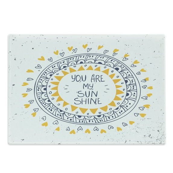 Saying Cutting Board, Romantic Retro Inspired Aztec Pattern Circle with Love Wish Phrase Print, Decorative Tempered Glass Cutting and Serving Board, Large Size, Yellow Blue, by Ambesonne